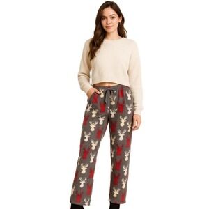 Victory Lounge Pajama Pants Womens XXL Fleece Cabin Cozy Elk Warm Gray Red White